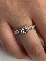 Platinum / 18 Karat Rose Gold Engagement Ring with Natural Pink Brownish Princess Cut Diamond and Round White & Pink Diamond Accents