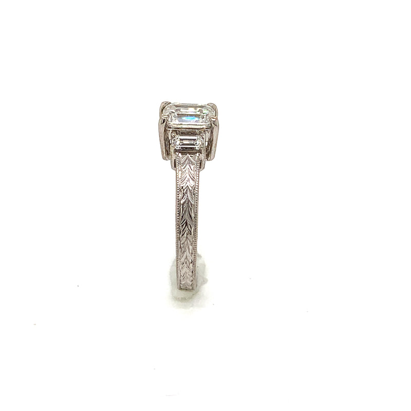 18 Kt. White Gold 3 Stone Emerald Cut Antique Reproduction Ring - FlawlessCarat