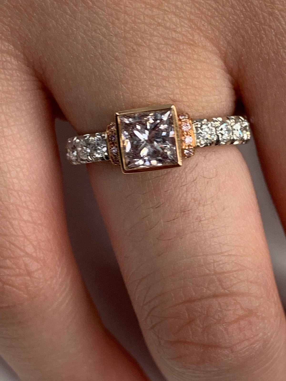 Platinum / 18 Karat Rose Gold Engagement Ring with Natural Pink Brownish Princess Cut Diamond and Round White & Pink Diamond Accents