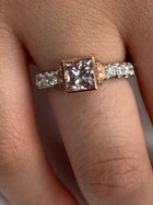 Platinum / 18 Karat Rose Gold Engagement Ring with Natural Pink Brownish Princess Cut Diamond and Round White & Pink Diamond Accents - FlawlessCarat