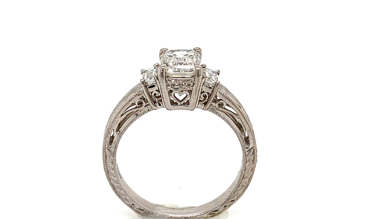 18 Kt. White Gold 3 Stone Emerald Cut Antique Reproduction Ring - FlawlessCarat