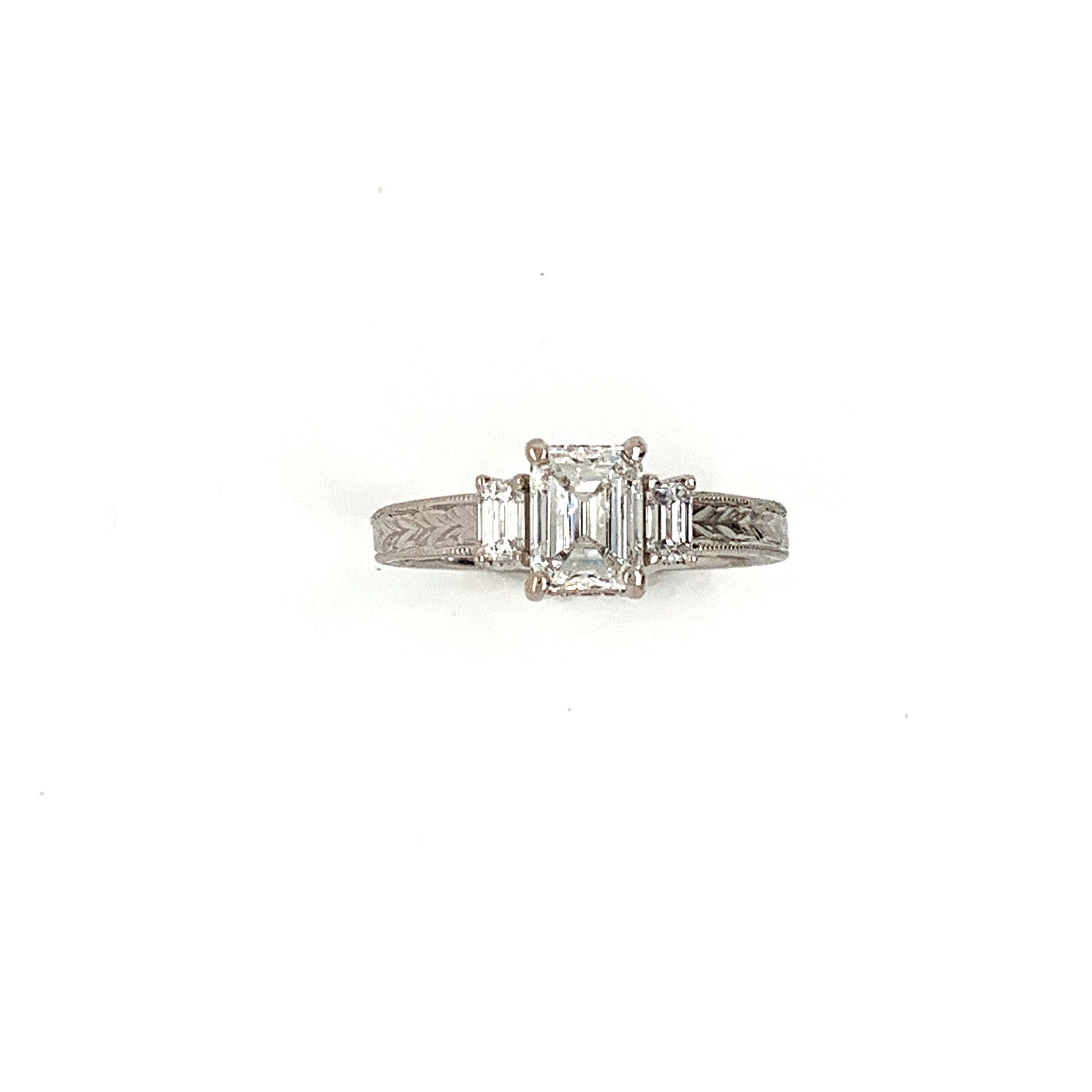 18 Kt. White Gold 3 Stone Emerald Cut Antique Reproduction Ring - FlawlessCarat